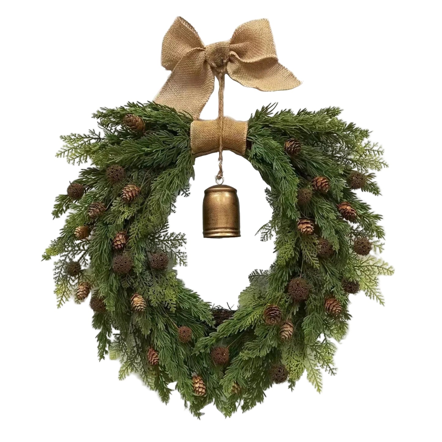 Christmas Wreath with Bell and Linen Bow Door Decor