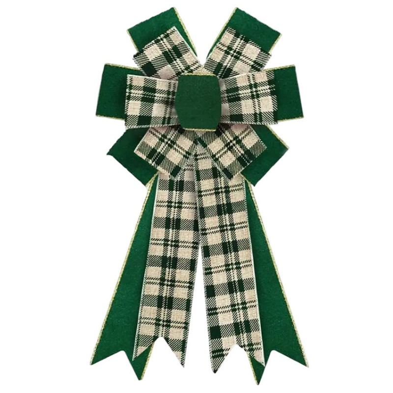 Christmas Wreath with Velvet Green Plaid Bow Ribbon
