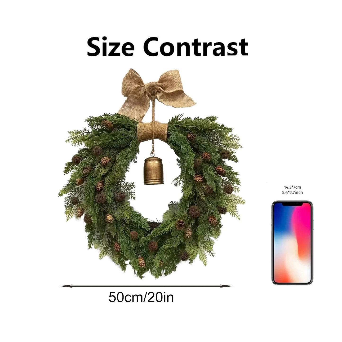 Christmas Wreath with Bell and Linen Bow Door Decor