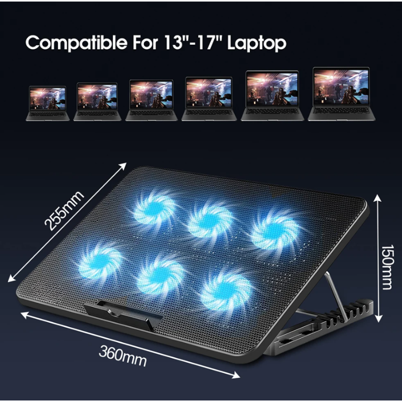 Laptop Cooling Pad Adjustable Stand with 6 Quiet Fans
