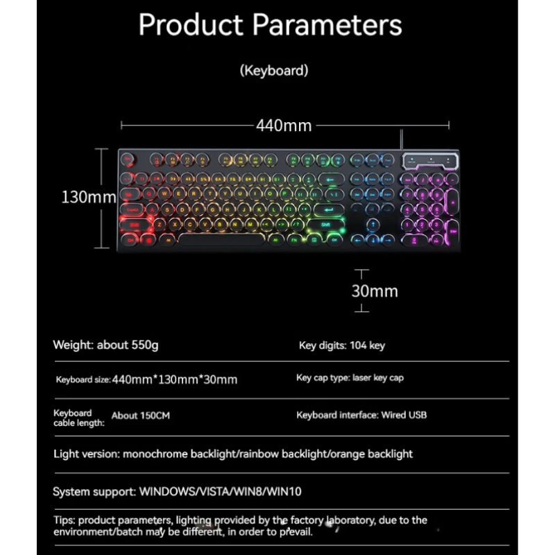 Retro Typewriter Gaming Keyboard RGB Wired 104 Keys
