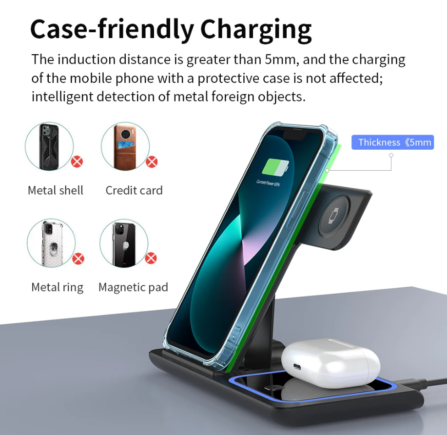 3 in 1 Fast Charging Foldable Stand Wireless Charger