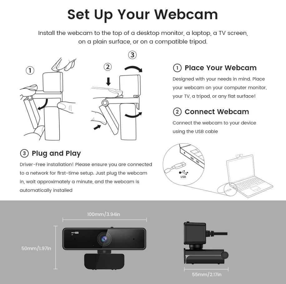 Webcam USB 1080p 60fps Full HD with Microphone
