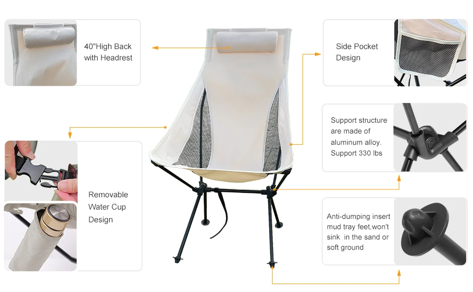 Camping Chair Folding Portable Lightweight Aluminum Headrest