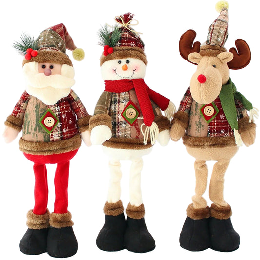Three Christmas-themed figurines: a snowman, a reindeer, and a Santa Claus, standing together on a white background.