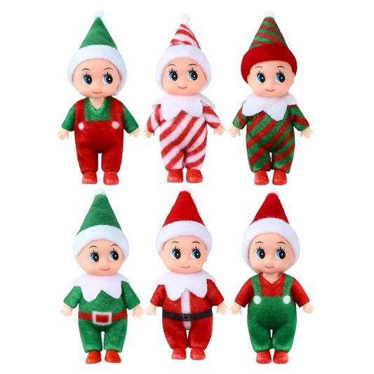 Set of six colorful elf dolls with different outfits on a white background