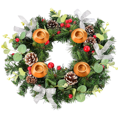 Decorative wreath with candles, pine cones, and berries on a white background