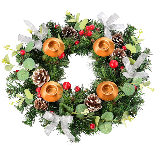 Decorative wreath with candles, pine cones, and berries on a white background