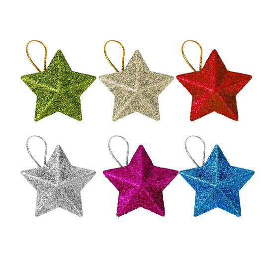 Set of six colorful star-shaped ornaments on a white background