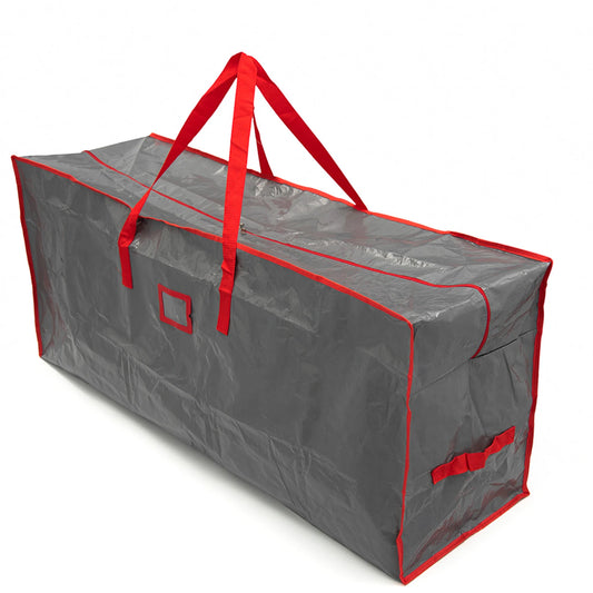 Gray storage bag with red handles and straps on a white background