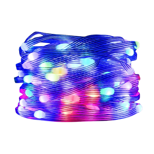 Multicolored LED string lights coiled on a white background
