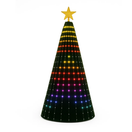 Colorful LED Christmas tree with a star on a white background