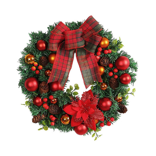 Decorative Christmas wreath with red plaid bow, red balls, and pinecones on a white background