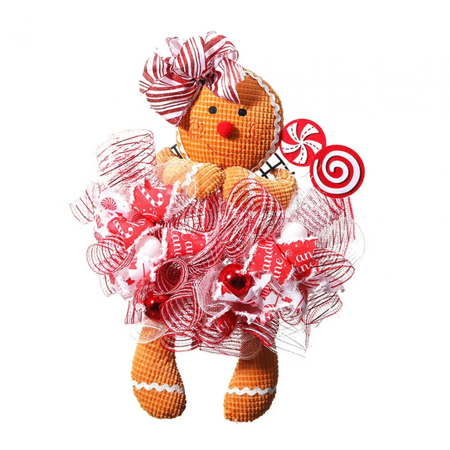 Gingerbread doll with candy cane hat and decorative mesh skirt on a white background