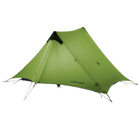 Green tent with black accents on a white background