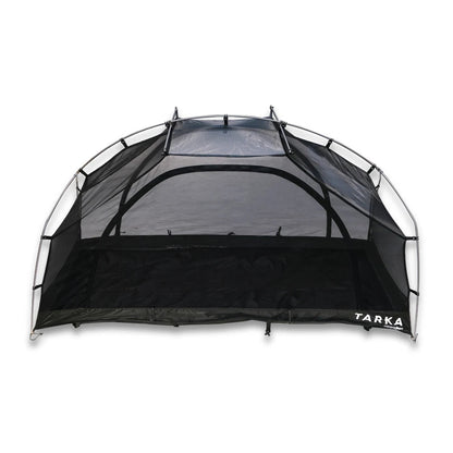 Black Tarka tent with mesh sides on a white background
