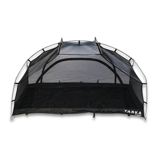 Black Tarka tent with mesh sides on a white background