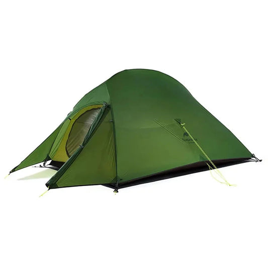 Green tent with yellow accents on a white background, featuring the Naturehike brand.