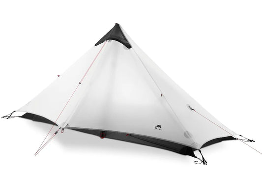 White camping tent with black accents on a white background