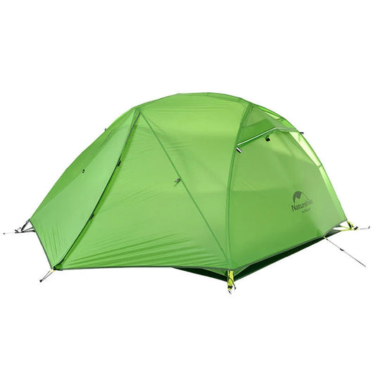 Green camping tent with a brand logo on a white background