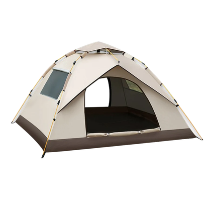 Beige and brown dome tent on a white background