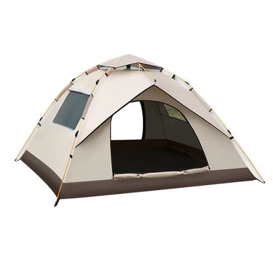 Beige and brown dome tent on a white background