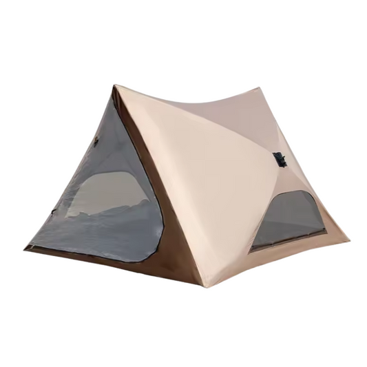 Beige camping tent with transparent panels on a white background