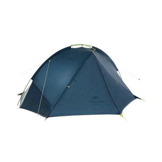 Blue camping tent with brand logo on a white background