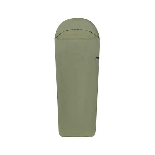 Green sleeping bag on a white background