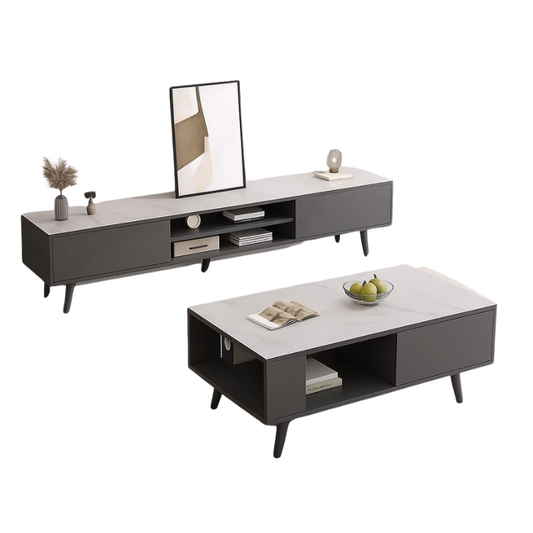 Gray TV stand and coffee table set on a white background