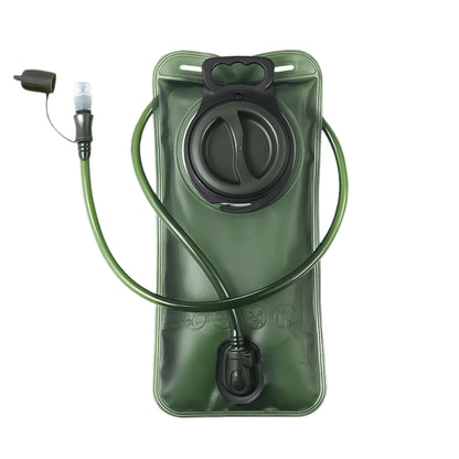 Green hydration bladder with mountain and lake background