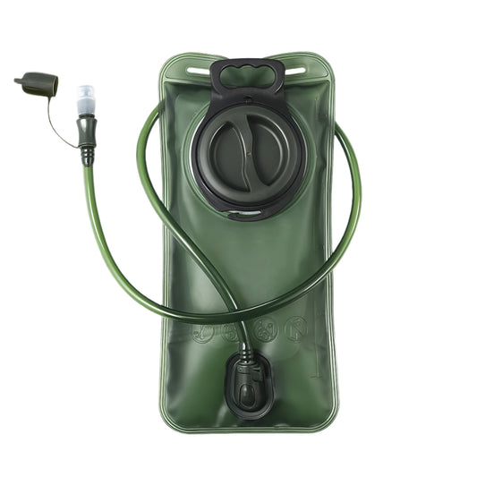 Green hydration bladder with mountain and lake background