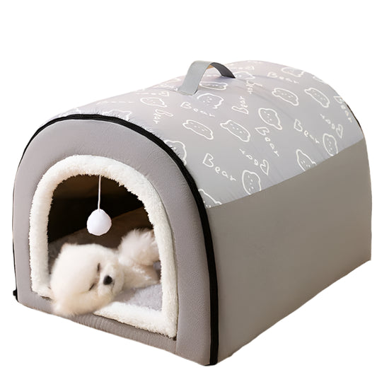 Pet bed with a gray and white patterned roof and white interior, featuring a small white dog inside.