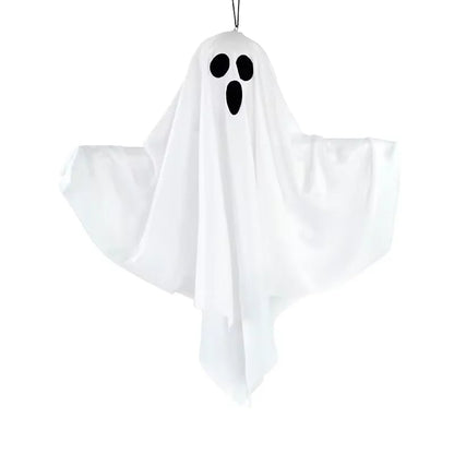 Hanging ghost decoration with dimensions on a white background
