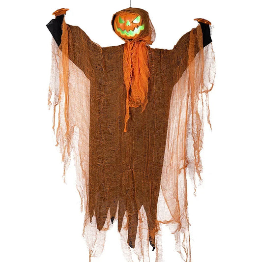 Halloween decoration of a ghost with a jack-o'-lantern head on a white background