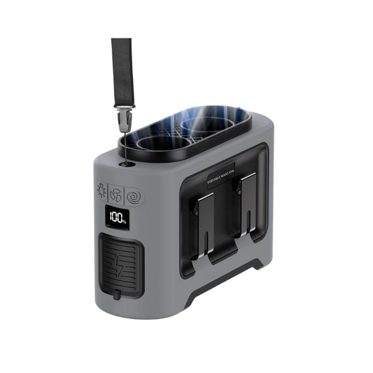 Gray electronic device with digital display and various ports on a white background