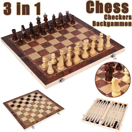 Wooden Chess Checkers Backgammon Set Portable Folding