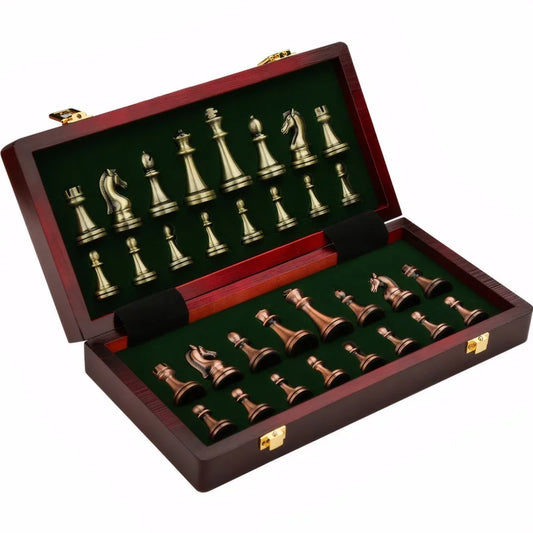 Chess Set Wooden Foldable Bronze Alloy