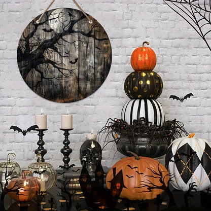 Halloween Wooden Hanging Sign - Full Moon Bat