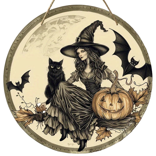 Wooden Halloween Sign Witch Pumpkin