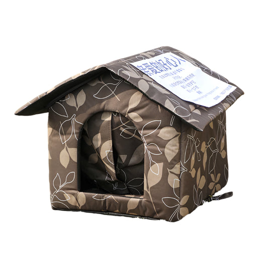Brown patterned pet house on grass with a label