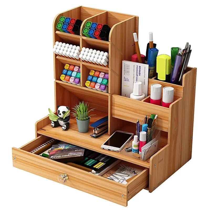 Desk Organizer Wooden Large-Capacity Pen Holder Drawer