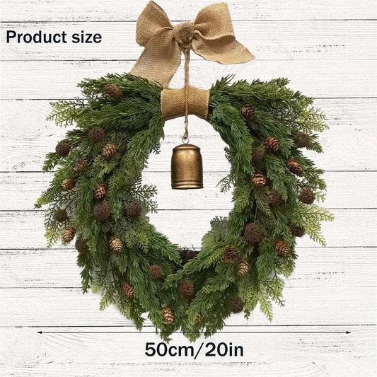 Christmas Wreath with Bell and Linen Bow Door Decor