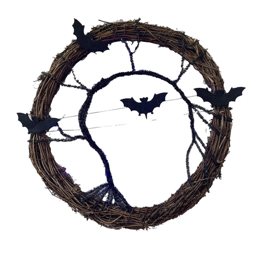 Halloween Wreath Black Bat Branch Light Up