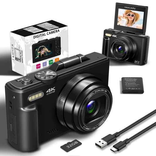 Digital Camera 64MP 4K Vlog Flip Screen WiFi Zoom