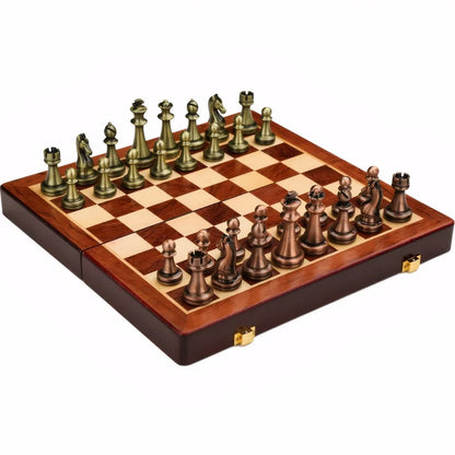 Chess Set Wooden Foldable Bronze Alloy