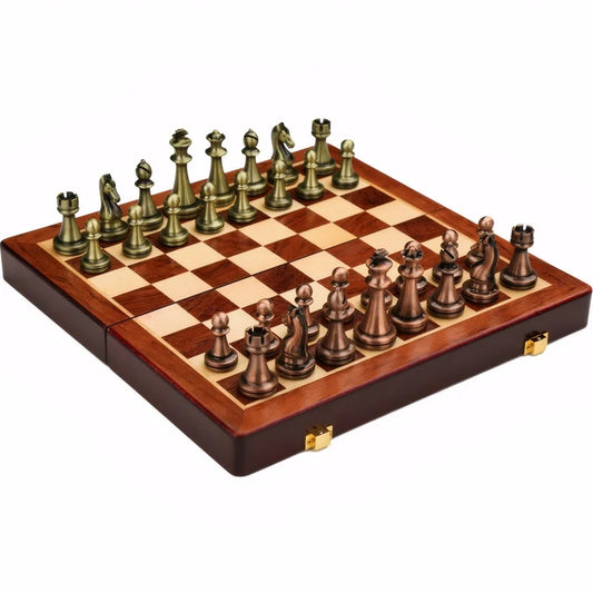 Chess Set Wooden Foldable Bronze Alloy