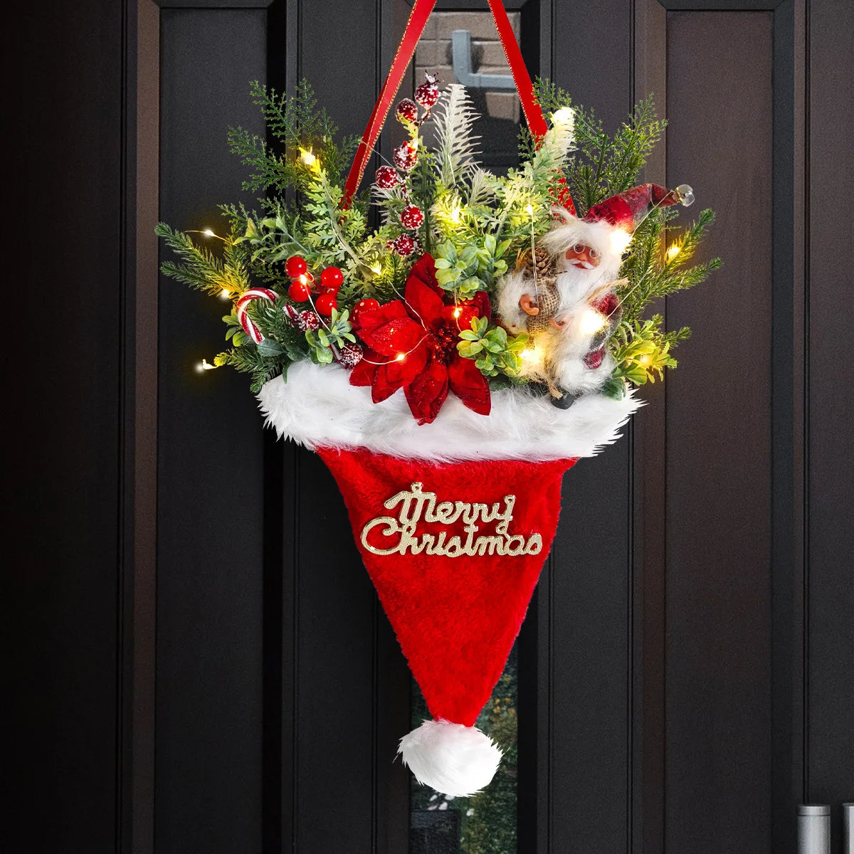 Christmas Wreath Pine Needles Santa Door Hanging