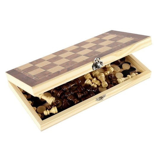 Wooden Chess Checkers Backgammon Set Portable Folding