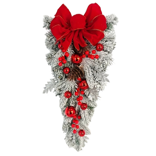 Christmas Wreath Red Bow Ball Flocking Decoration